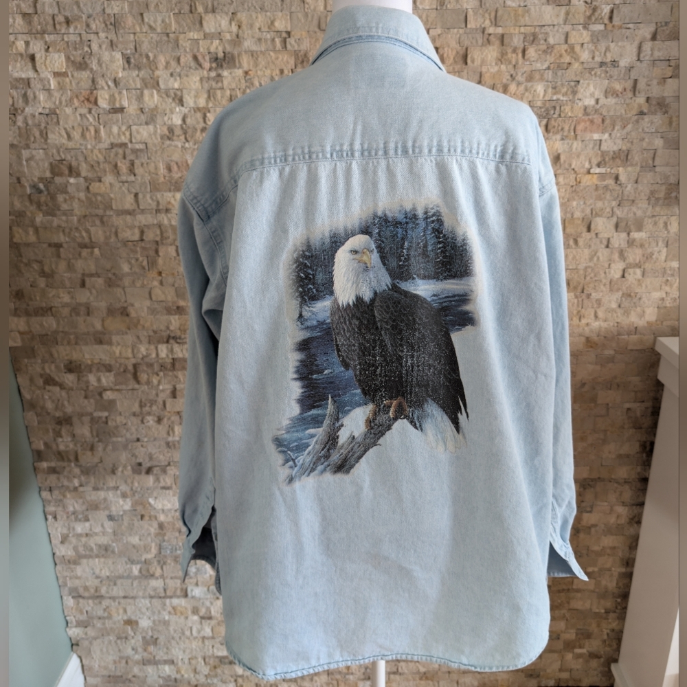 Vintage 90s AllSport Real Good Denim Bald Eagle Graphic Button Down Shirt Sz L